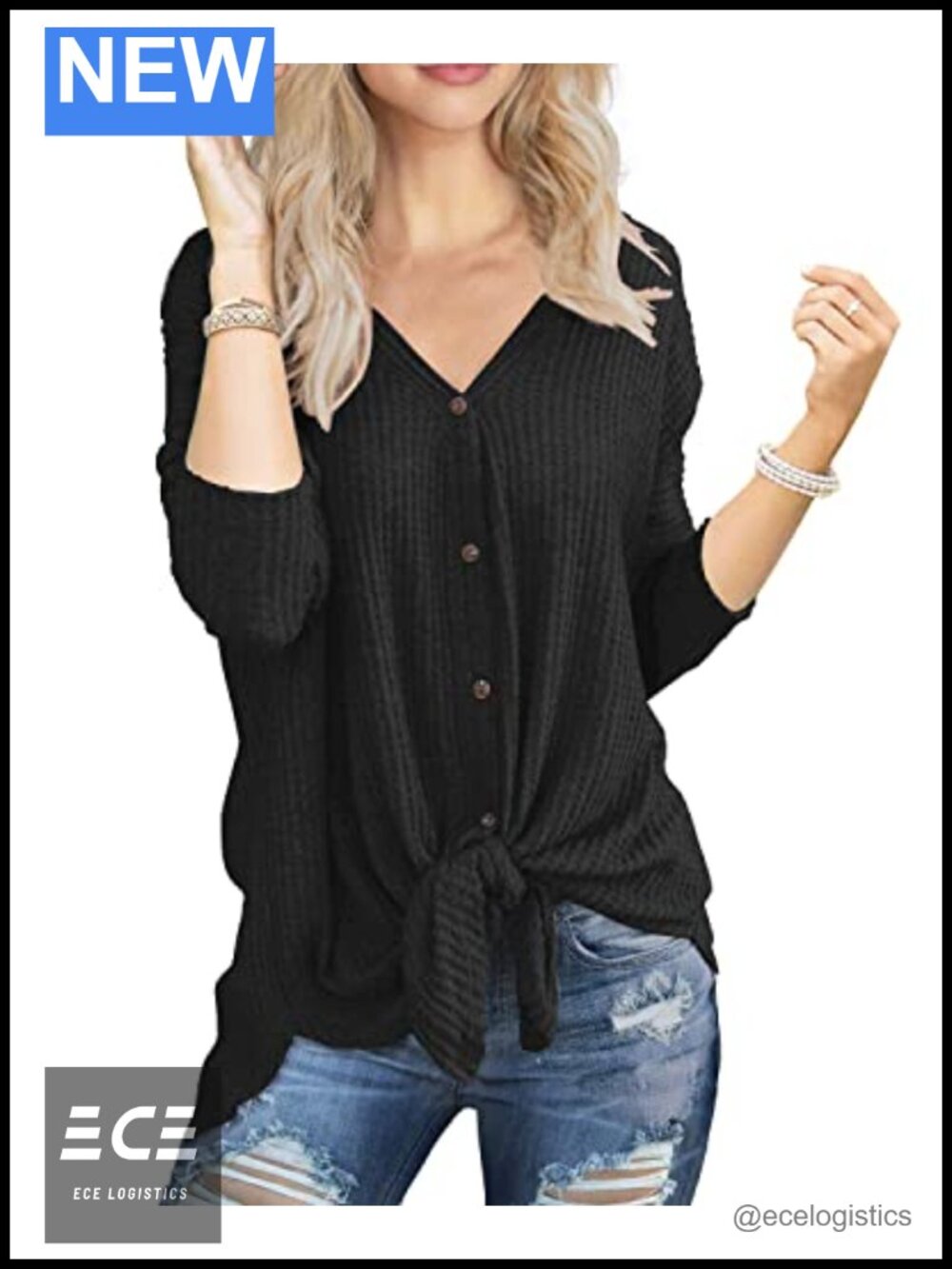 Waffle Knit Button Down Henley Long Sleeve Loose Tunic Top